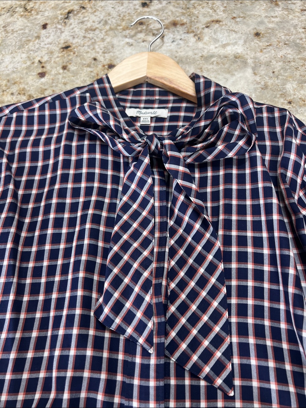 NWOT MADEWLL WOMENS PLAID BUTTON DOWN BLOUSE WITH TIE (bow) NAVY SIZE XXL